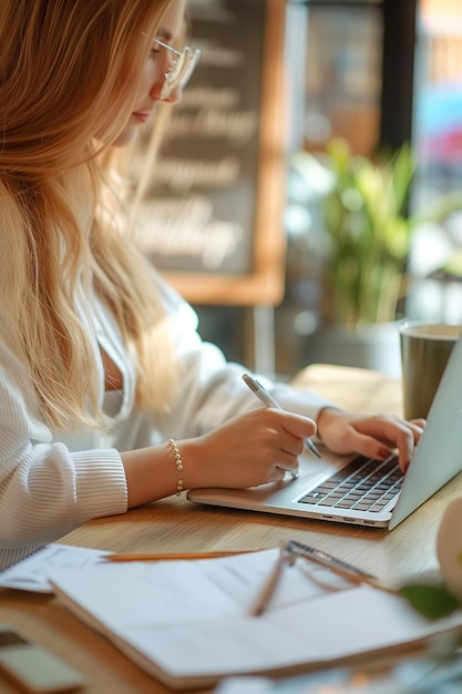 Zakelijke vrouw op het werk die op een laptop schrijft