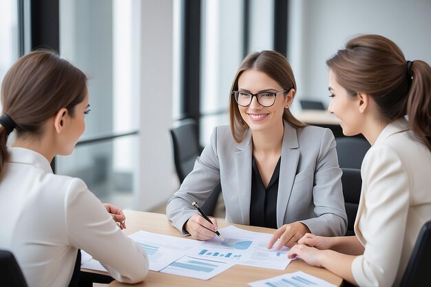 Zakenlieden bespreken het werk of een verkoper of beleggingsadviseur praat heel vriendelijk met vrouwelijke klanten