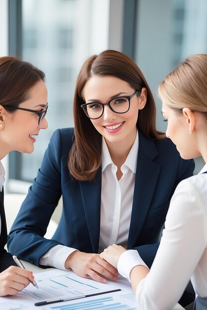 Zakenlieden bespreken het werk of een verkoper of beleggingsadviseur praat heel vriendelijk met vrouwelijke klanten