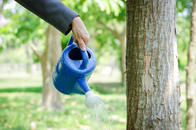 Zakenlieden die blikken planten water geven om bomen te laten groeien en sterker te worden.