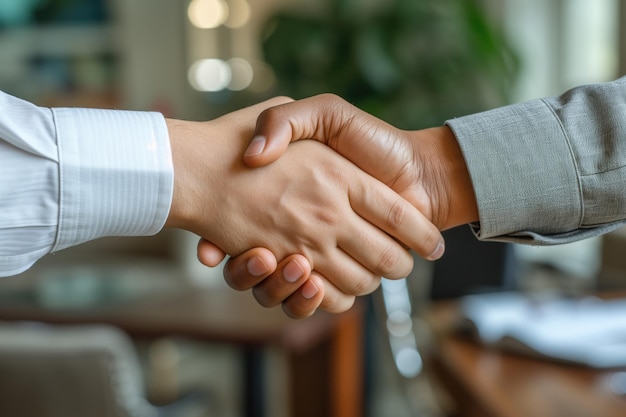 zakenlieden die elkaar de hand schudden close-up handdruk bij een vergadering of onderhandeling