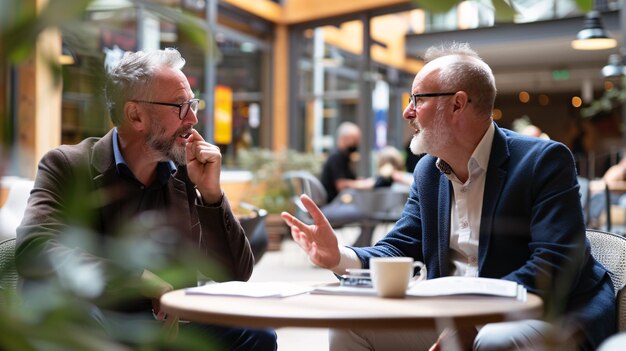 Foto zakenlieden die over koffie discussiëren in een levendig café