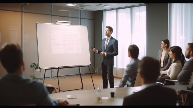 Zakenman bespreken met collega over whiteboard