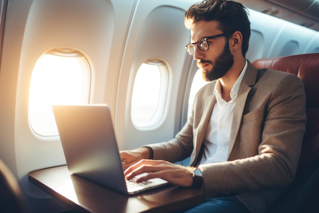 Zakenman bezig met laptop tijdens de vlucht