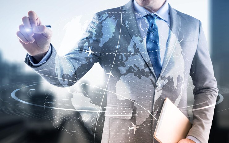 Zakenman die 3D globe aanraakt Netwerk en gegevensuitwisselingen over de hele wereld