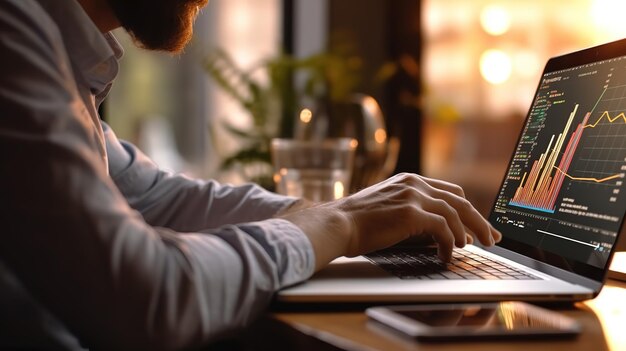 Zakenman die bij een laptop computerclose-up werkt Generatieve AI