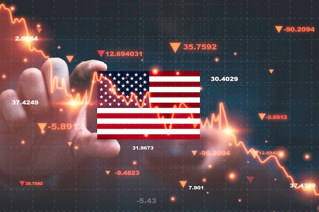 Zakenman die de vlag van de V.S. met rode dalende beursgrafiek houdt voor symbool van het concept van de economische recessiecrisis