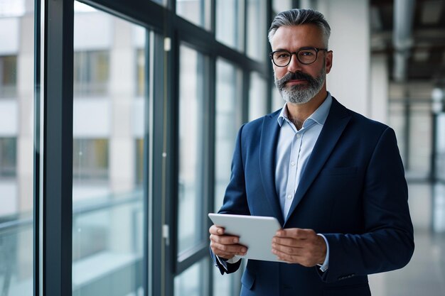 zakenman die een digitale tablet gebruikt terwijl hij in zijn kantoor staat met AI gegenereerd