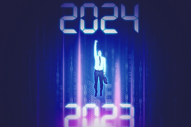 Foto zakenman die een koffer draagt terwijl hij in de metaverse vliegt en 2024 verlaat en naar 2024 nieuwe jaar virtuele schermachtergrond gaat