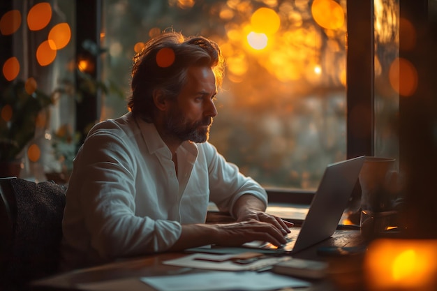 Foto zakenman die een notebook op kantoor gebruikt. zacht vervaagd gebouw op de achtergrond van de zonsondergang.