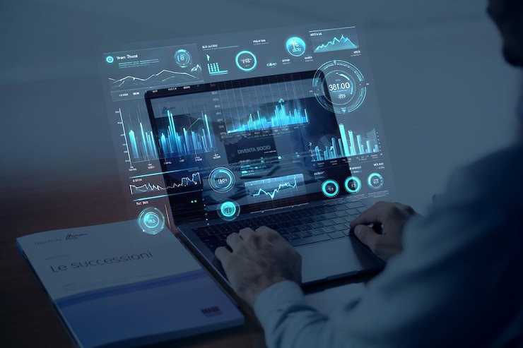 Foto zakenman die een tech-laptop gebruikt met een slim ai-scherm dat data-analyse, grafieken en statistieken toont