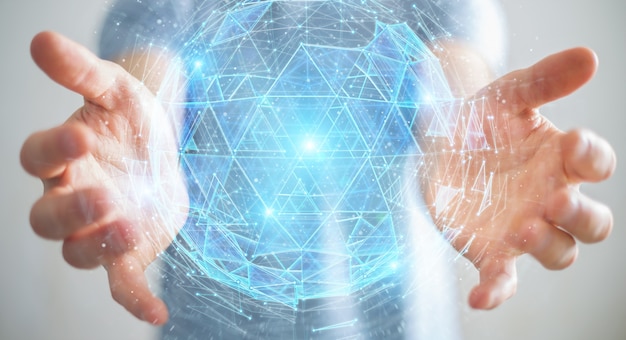 Zakenman die het digitale driehoeks exploderende gebiedhologram 3D teruggeven gebruiken