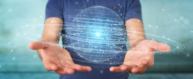 Zakenman die het digitale hologram van de gebiedverbinding gebruiken