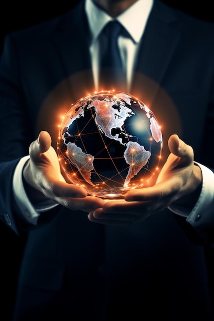 zakenman die het wereldwijde netwerk en de gegevensuitwisseling over de hele wereld raakt d rendering