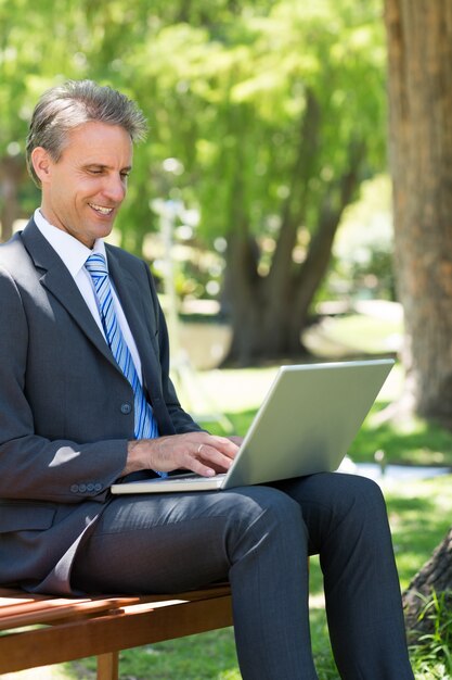 Zakenman die laptop met behulp van bij park