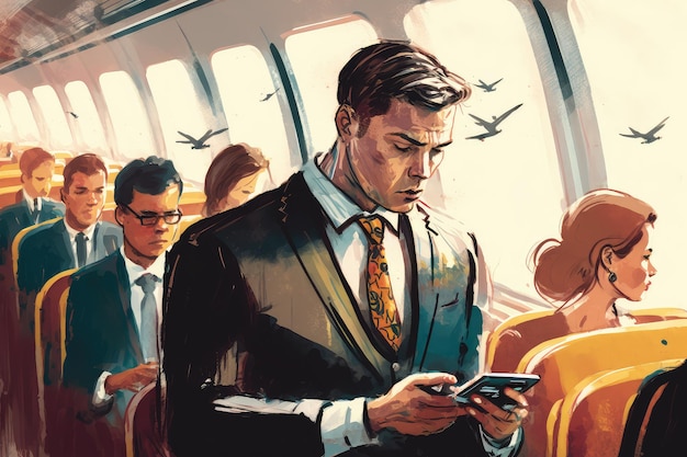 Zakenman die op aansluitende vlucht wacht en naar zijn telefoon kijkt terwijl andere passagiers voorbij rennen