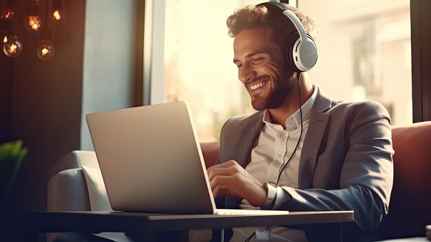 zakenman die op afstand werkt met computer en koptelefoon in een café