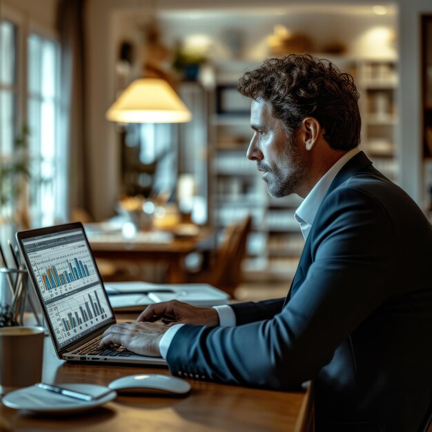 zakenman die op een laptop werkt in zijn kantoor thuis