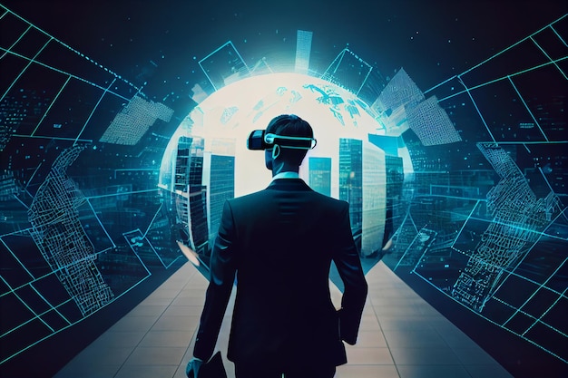 Zakenman die op virtual reality-platform loopt naar futuristische generatieve ai
