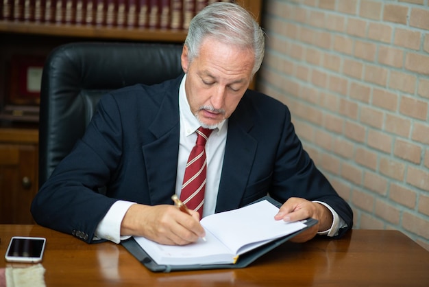 Zakenman die op zijn agenda in het bureau schrijft