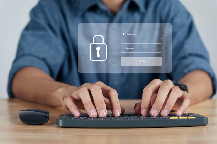 Foto zakenman die persoonlijke gegevens op computer beschermt met login virtuele interfaces vergrendelingspictogram