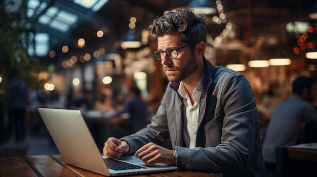 Zakenman die 's nachts aan een laptop werkt in een café Bedrijfsconcept generatieve ai