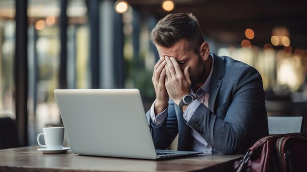 Foto zakenman die stress en angst ervaart terwijl hij aan een laptop werkt druk en uitdagingen