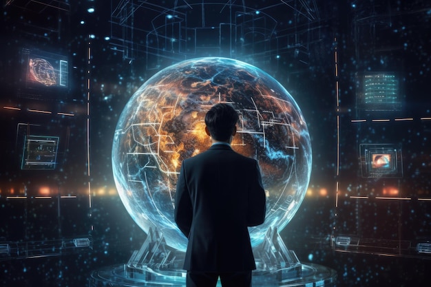 zakenman die virtuele grafische, wereldwijde internet en kunstmatige intelligentie gebruikt om informatie te verkrijgen