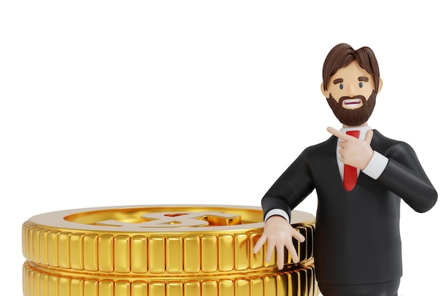 Zakenman en stapel gouden munten zakelijke en bancaire concept 3D-rendering stripfiguur