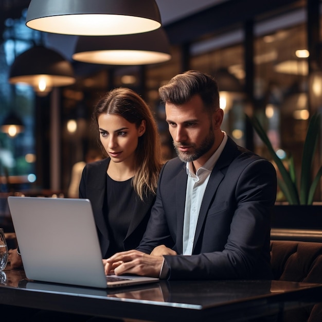 zakenman en -vrouw werken aan een laptop analyseren in een project zakelijke bijeenkomst in het kantoor AI genereren