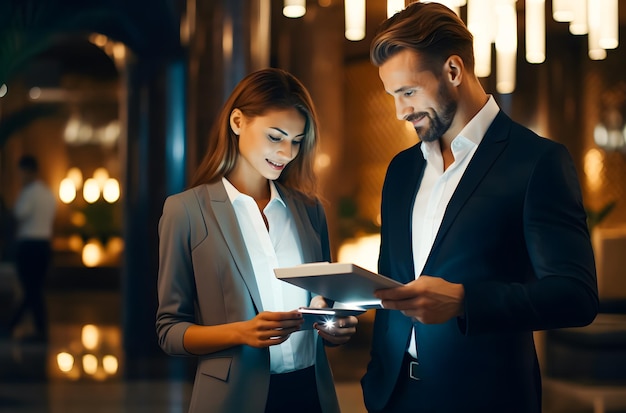 zakenman en zakenvrouw met een digitale tablet op kantoor samen op kantoor