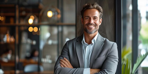 zakenman glimlacht terwijl hij poseert voor een foto