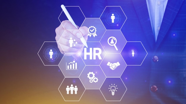 Zakenman hand indrukken van human resources-knop Human resources Hr beheer werkgelegenheid headhunting concept hand met moderne sociale knoppen op virtuele achtergrond