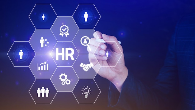 Zakenman hand indrukken van human resources-knop Human resources Hr beheer werkgelegenheid headhunting concept hand met moderne sociale knoppen op virtuele achtergrond