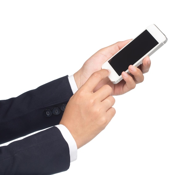 zakenman Hand met mobiele telefoon geïsoleerd op een witte achtergrond.