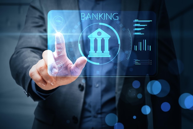Foto zakenman hand wijzend op creatieve online bankieren hologram op blauwe onscherpe achtergrond ai en automatisering concept dubbele belichting