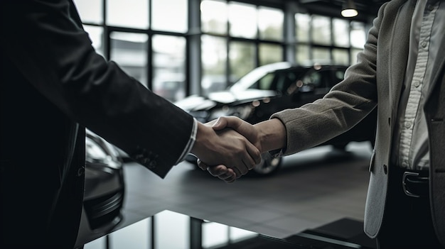 Zakenman handen schudden met een klant na ondertekening van een contract om een auto te kopen in een autodealergeneratieve ai