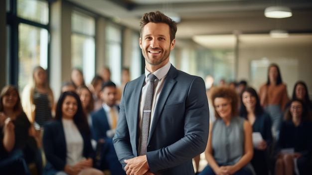 Zakenman houdt een toespraak voor zijn collega's in een modern kantoor