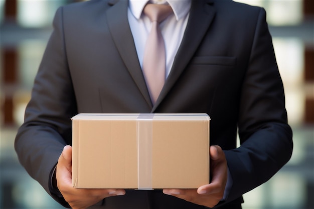 zakenman in een pak met een gewone doos van dichtbij
