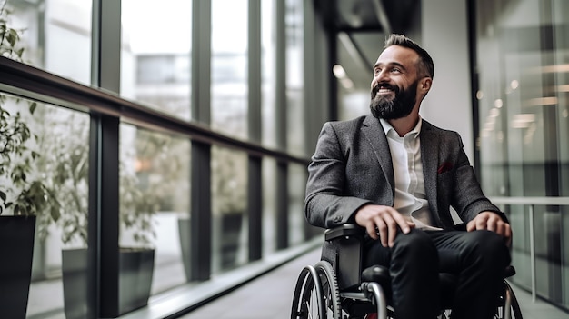 Zakenman in een rolstoel in een modern kantoorGemaakt met generatieve AI-technologie