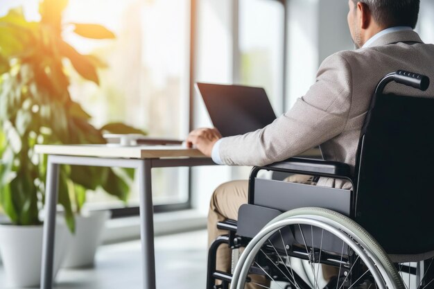 Zakenman in een rolstoel werkt op een laptop