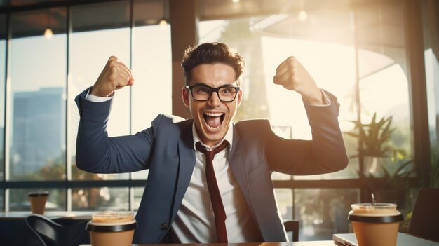 Foto zakenman in het kantoor heft vreugdevol zijn handen omhoog om overwinning en succes in zijn werk te vieren