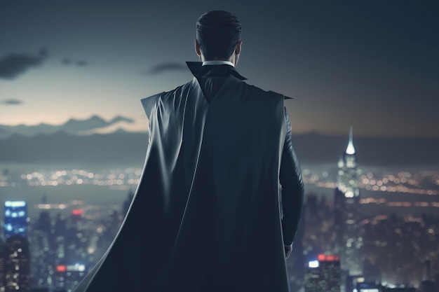 Zakenman in pak en cape-held staan op het dak met een geweldig uitzicht op de stad en een businessplan van de toekomstige AI-generatie