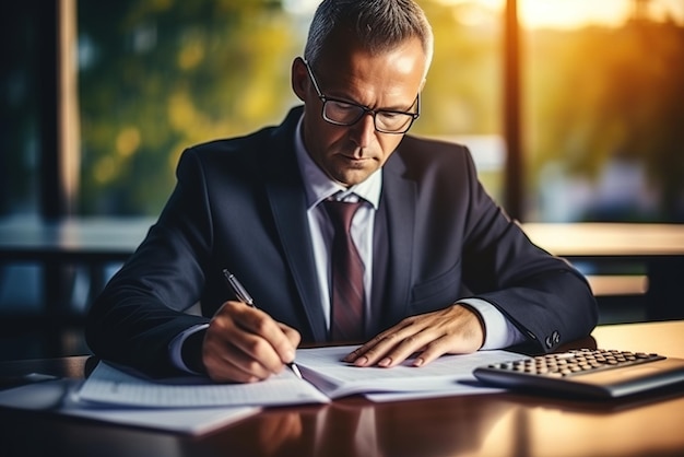 Zakenman in pak schrijven op papier met rekenmachine op tafel