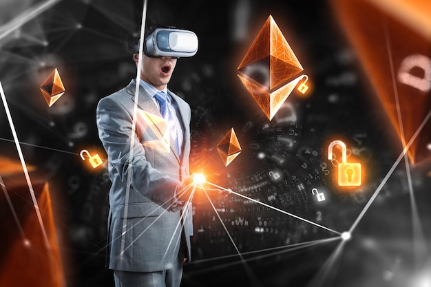 Zakenman in VR-headset en touchscreen en ethereum-symbool. Gemengde media