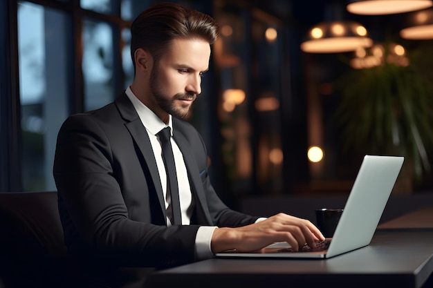 Zakenman in zwart pak werken typen op laptop computer surfen op het internet op tafel op kantoor