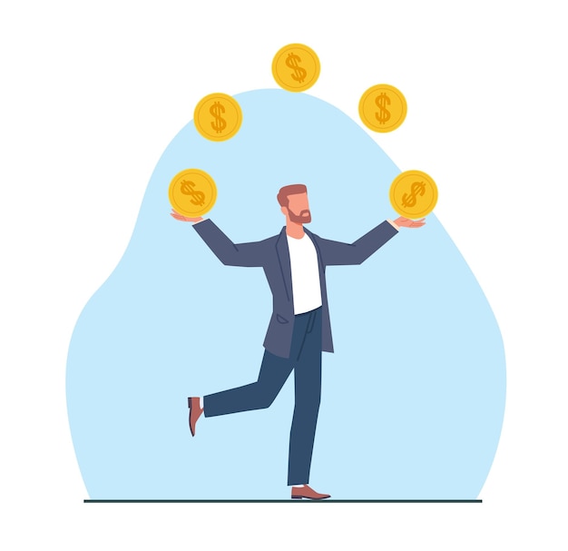 Zakenman jongleert met gouden munten Rijke succesvolle persoon winst uit investeringen of deposito's Financiële groei ondernemer of manager Cartoon platte stijl geïsoleerde illustratie Vector concept