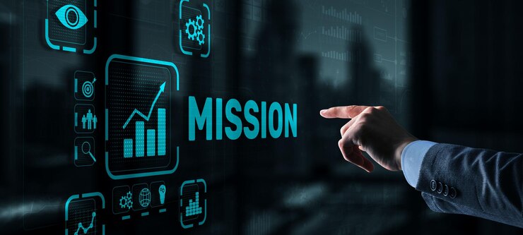 Zakenman klikt op virtueel scherm Mission