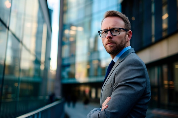 zakenman leider met een bril en een baard overwegen strategieën terwijl staren over het stadsbeeld