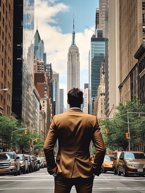 zakenman loopt met achteruitzicht in NYC vol gebouwen reis man met landschap reizen